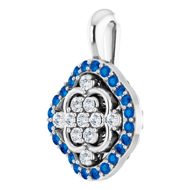 14K White Natural Blue Sapphire & 1/3 CTW Natural Diamond Cluster Pendant